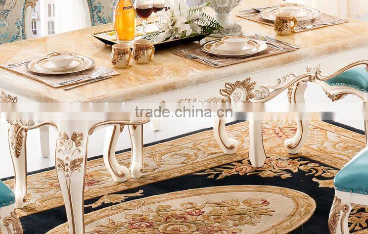 New classic golden flower carving marble top dining table set