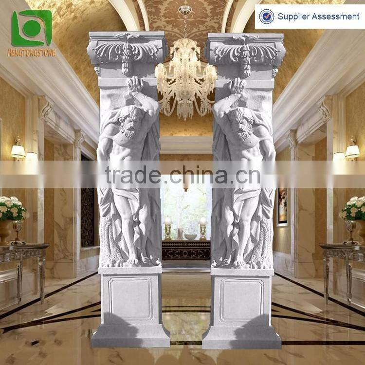 Decorative white marble pillar with male statues