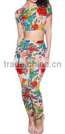 new women summer custom artistic floral print Romper and jumpsuit Women's two piece crop top and pants set