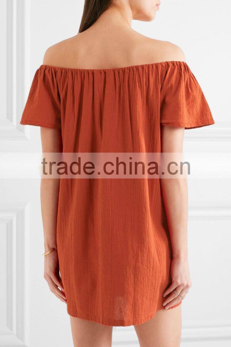 Mexican Women Summer Boho Off-The-Shoulder Colorful Embroidery Patch Crinkled Cotton Mini Names Of Girls Dresses HSD5858