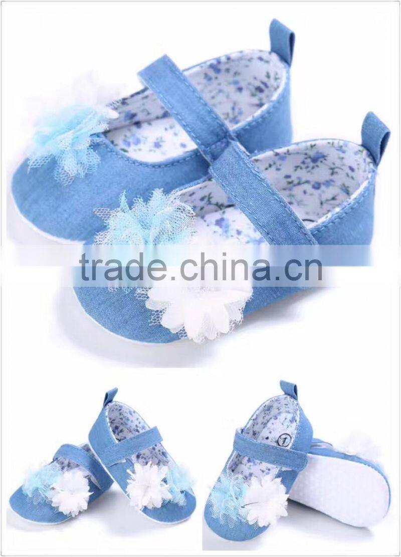 2017 denim applique gauze flower shoes for little infant 3-12M