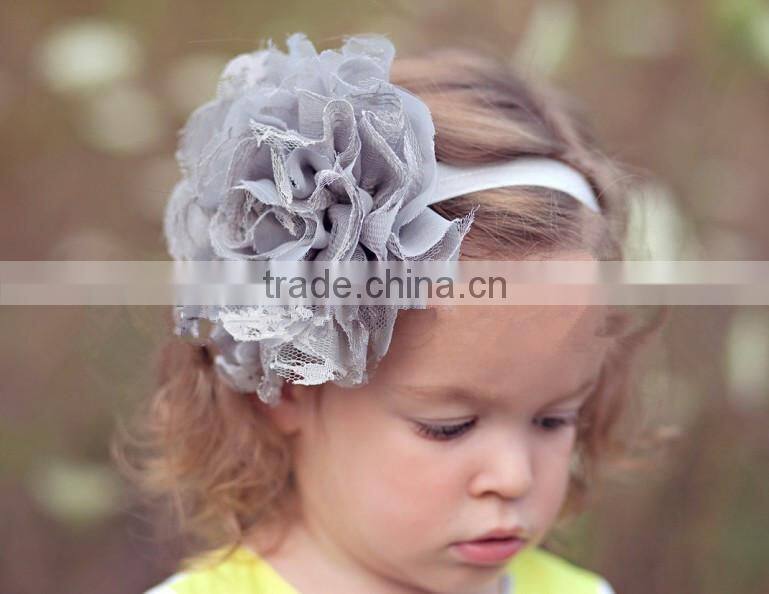 Wholesale hot children girls' elastic hair band with netted gauze flower 15 colors 10 cm children hairband headdress in stock