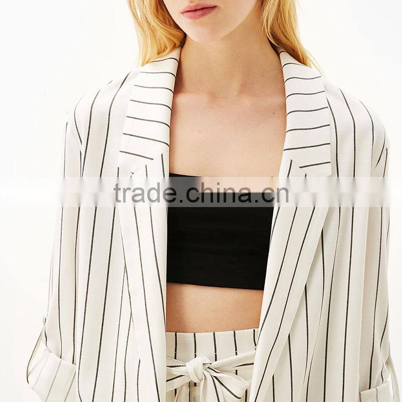 Long flowing jacket with rolled up sleeves striped blazer coat womens