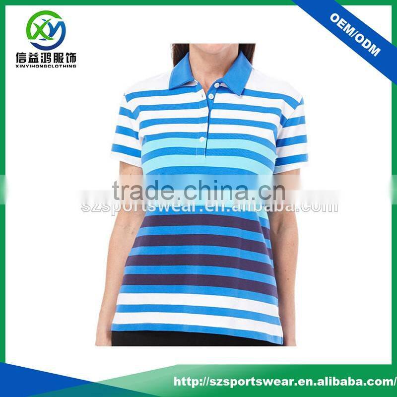 OEM sublimated printed stripes design ladies golf polo shirts factory
