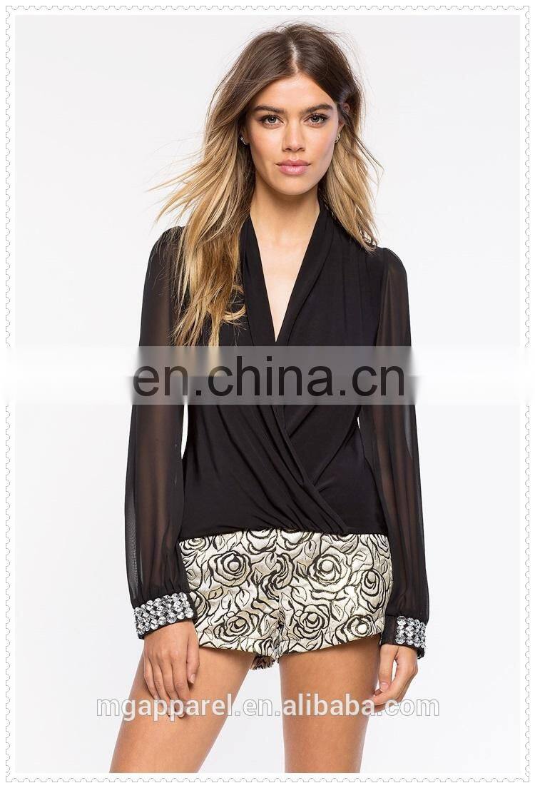 OEM cheap fashion sexy long sleeves black women chiffon blouse 2015