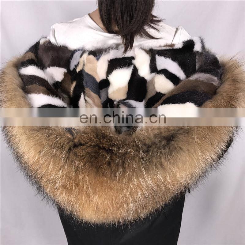 High Quality Short Military Woman Real Fur Parka Genuine Raccoon Fur Hood with Mink Fur Lining Coat