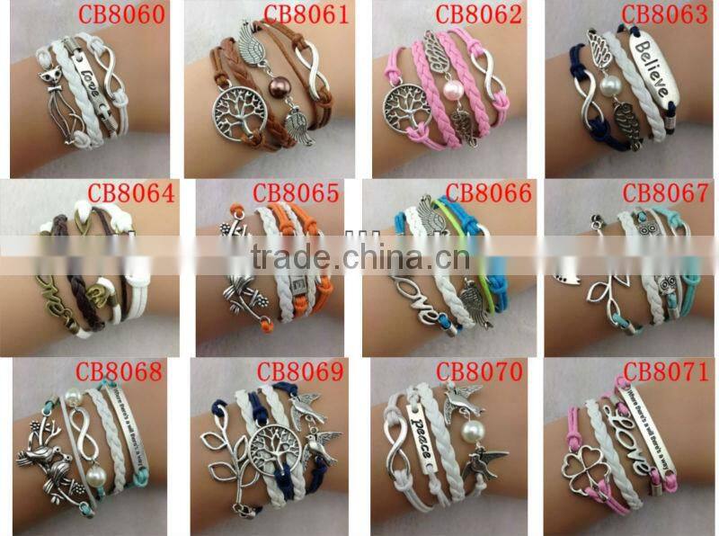 CB8007 wholesale jewelry leather bracelet wax line accessory sliver bracelet frienship leather bracelet