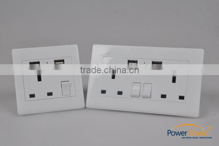 Euro/Britain/England Type G dual AC plugs outlet + double USB ports wall switch socket with CE RoHS approval