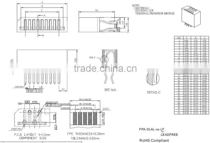 1.0mm Pitch SMT Pin FFC/FPC Connector With Non-Zif Top Entry Single Contact Type