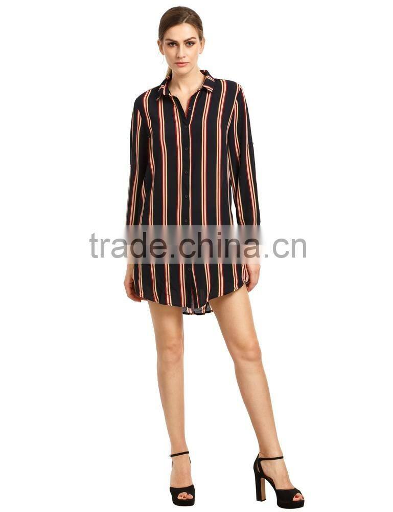 seller factory 2016 fall stripe button down long dress shirt design for women