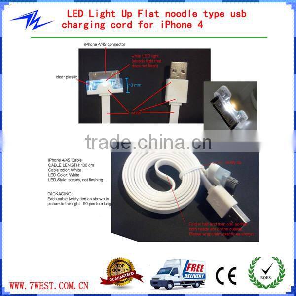 Universal LED Light Up Flat noodle type usb charging cord for iPhone 4/iPhone 5/Android Smartphones