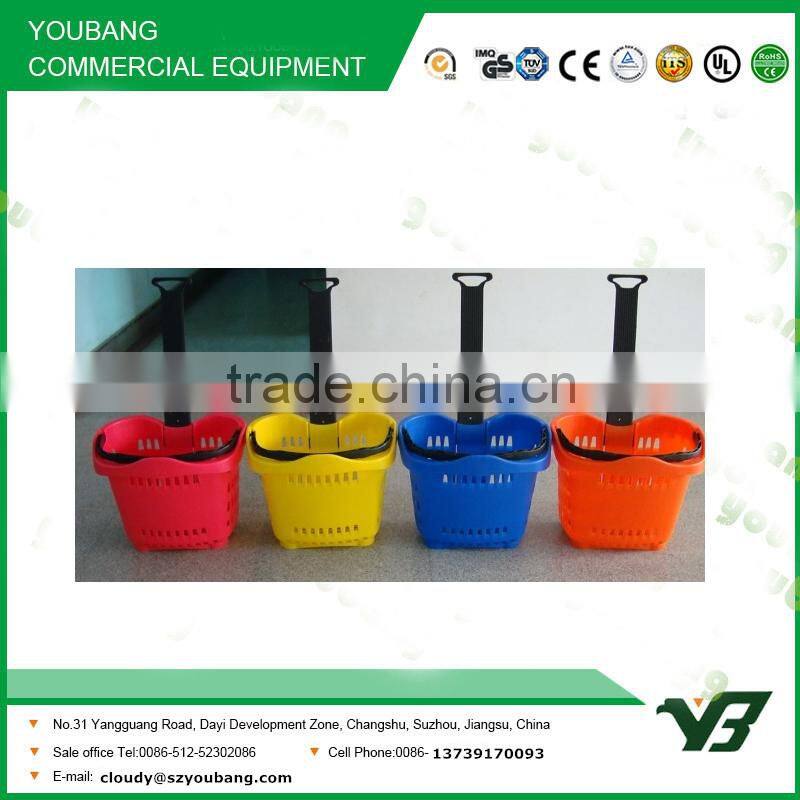 Hot sell good cheap 42 Liter HDPP double handle rolling supermarket plastic basket trolley with castor (YB-W020)