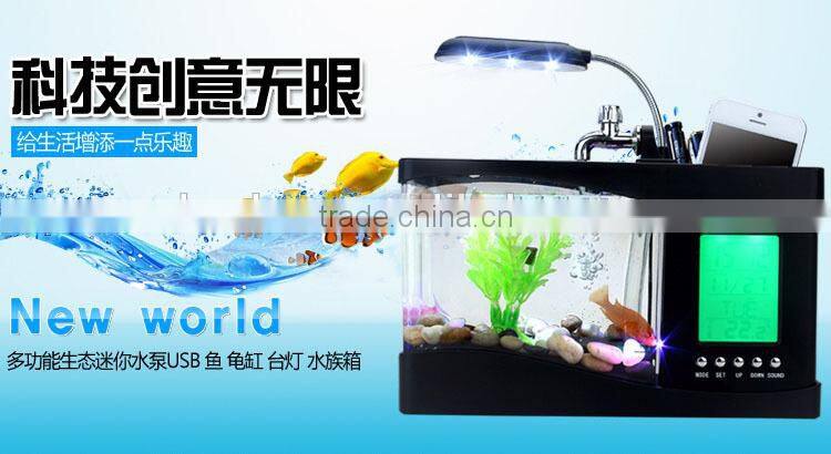 Mini fish tank USB aquarium with LED lamp clock business gift Pen Holder