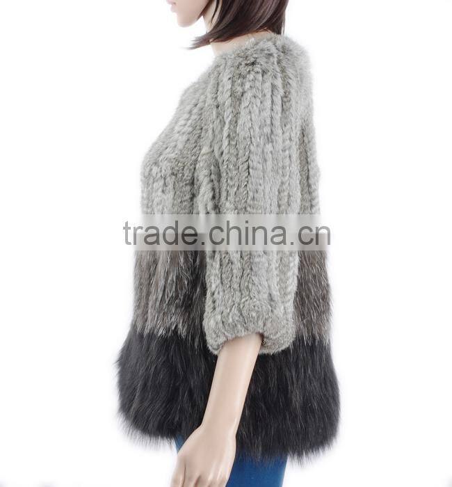 Hand knitted women fur coat knitted fox rabbit fur coat KZ150106