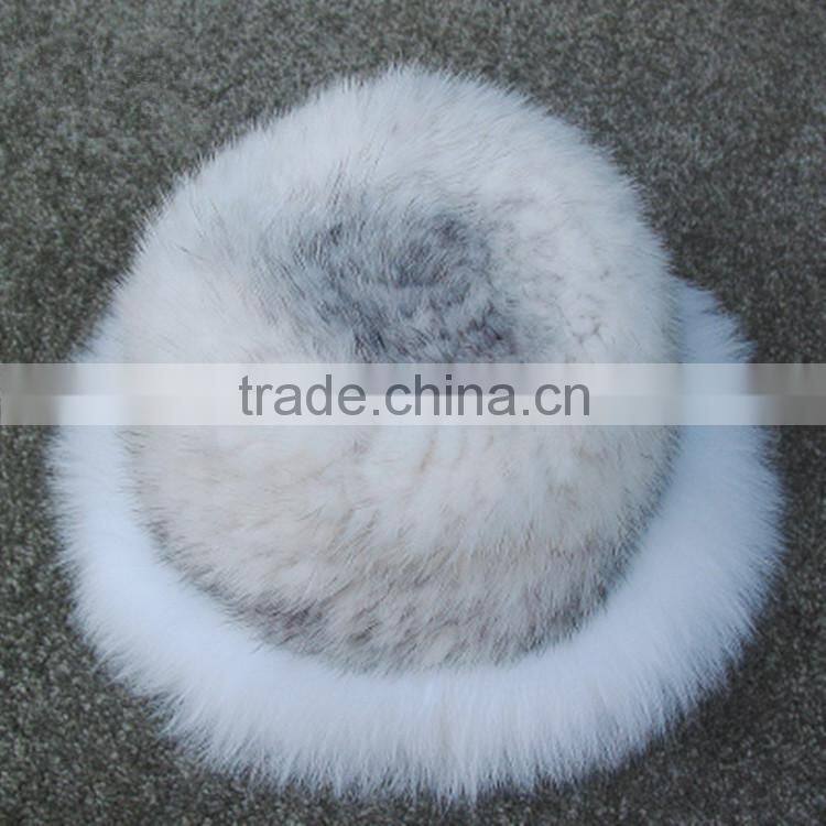 New Design Genuine Winter Warm Knitted White Mink Fur Hat with Fox Fur Trim for Women