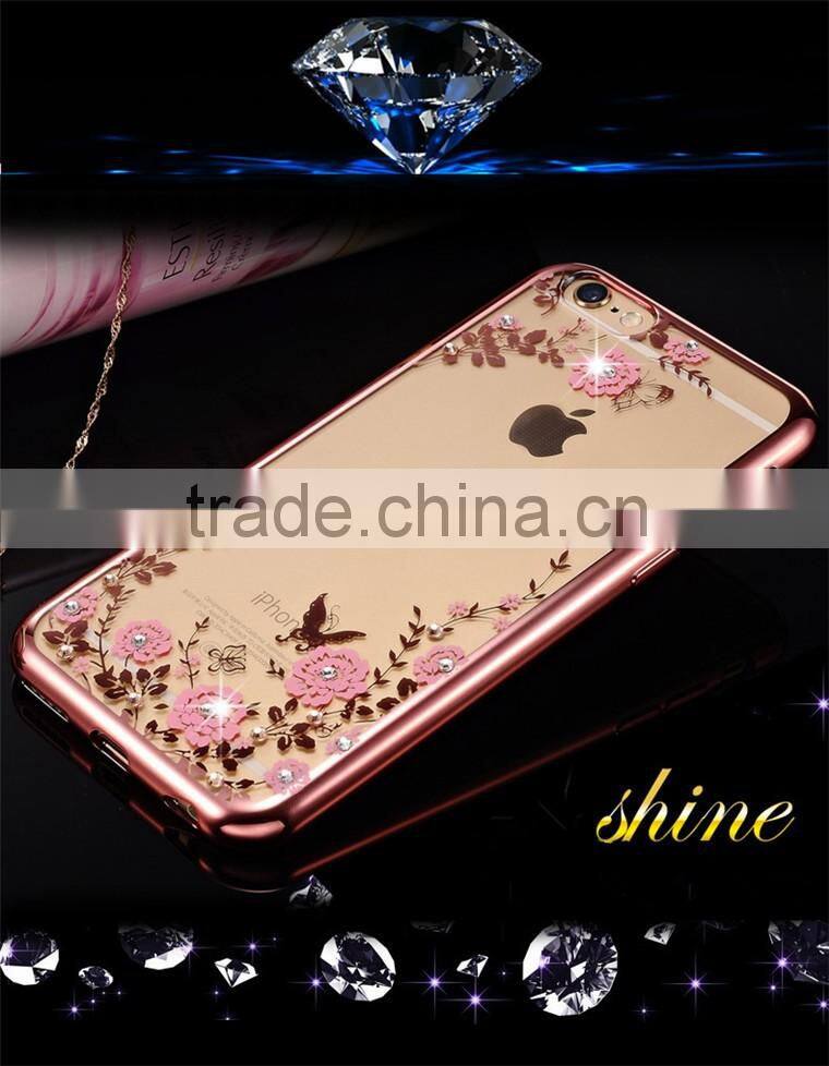 Hot Selling Luxury Garden Style Crystal Clear Soft TPU Diamante Eletroplated Case for Iphone 6
