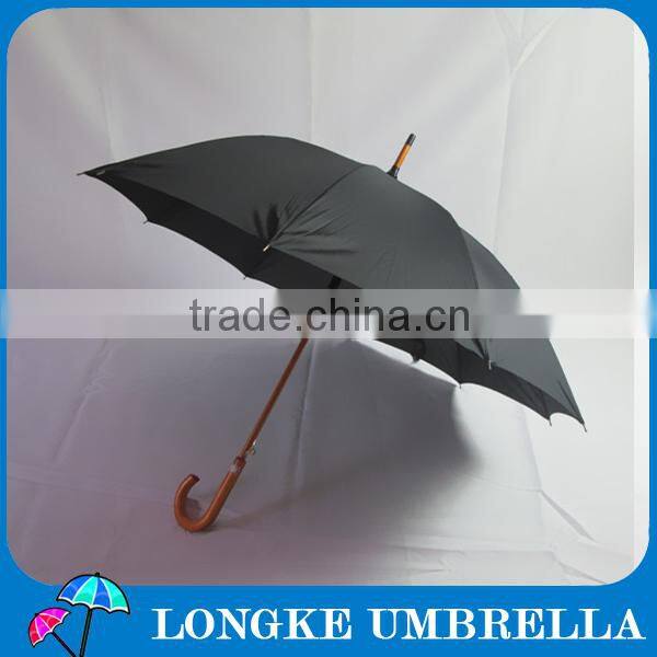 High quality Fiberglass ribs plain black color pongee fabric wooden umbrella for advertising