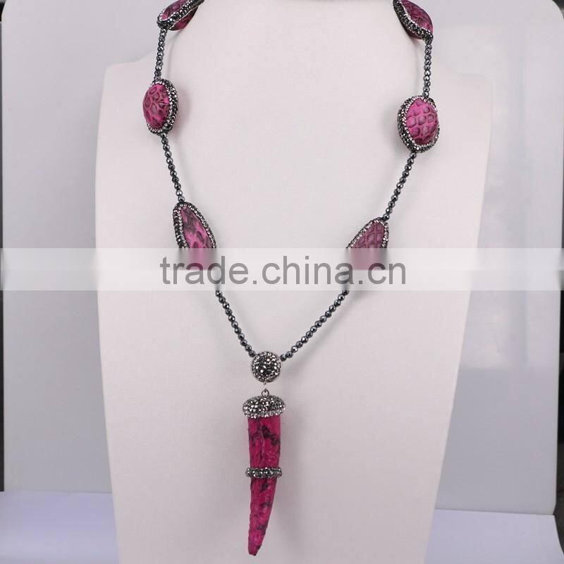 Fashion Drop Pearl Shell Gemstone Necklace, Double Horn Pendant Hematite Beads Necklace