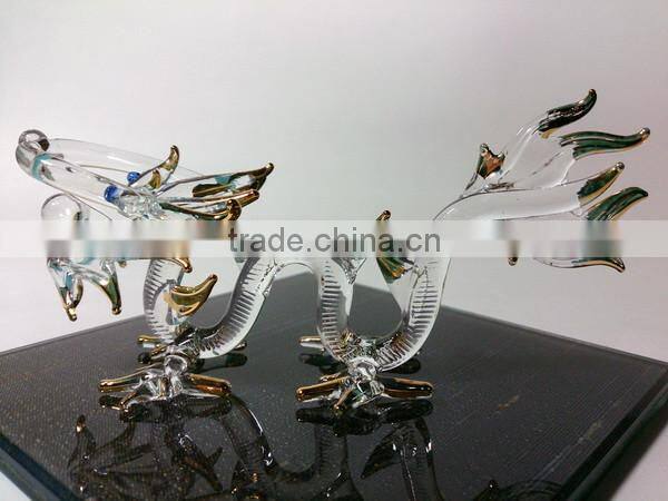 Crystal Dragon Hand Blown Clear Glass Art Gold Trim Figurines Home Decor / Fancy Collection / Gift