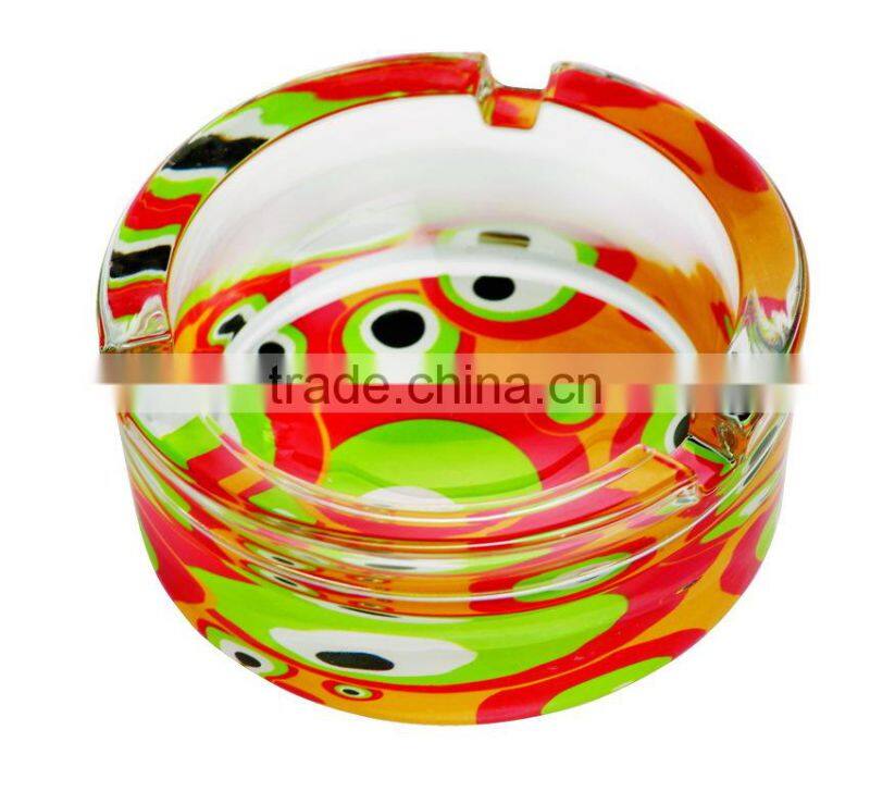 High quality glass ashtray with decal on bottom,round glass ashtray, pocket ashtray