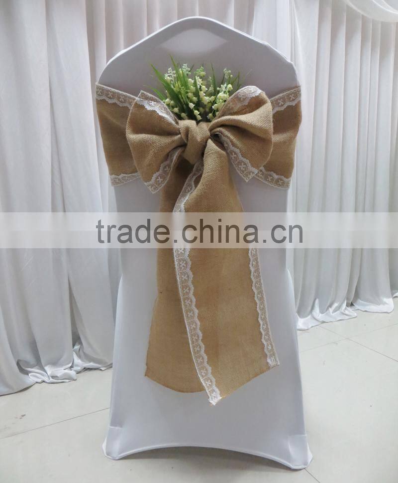 100% Natural Burlap Hessian Chair Sash with Lace Band at 2 Side for Rustic Wedding