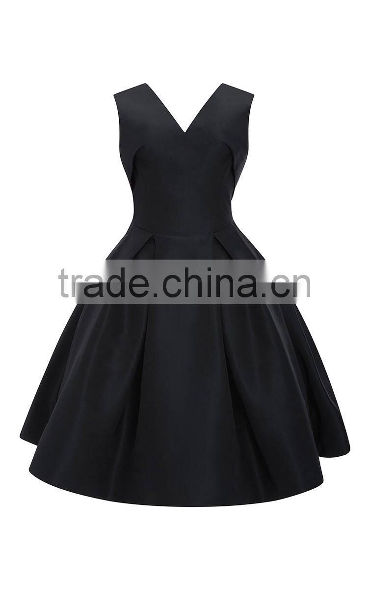 Elegant V-neckline Silk Faille Fabric Cocktail Dress Pleated Flounced Skirt Vintage Dress Evening Party Gown 2016 HSD5744