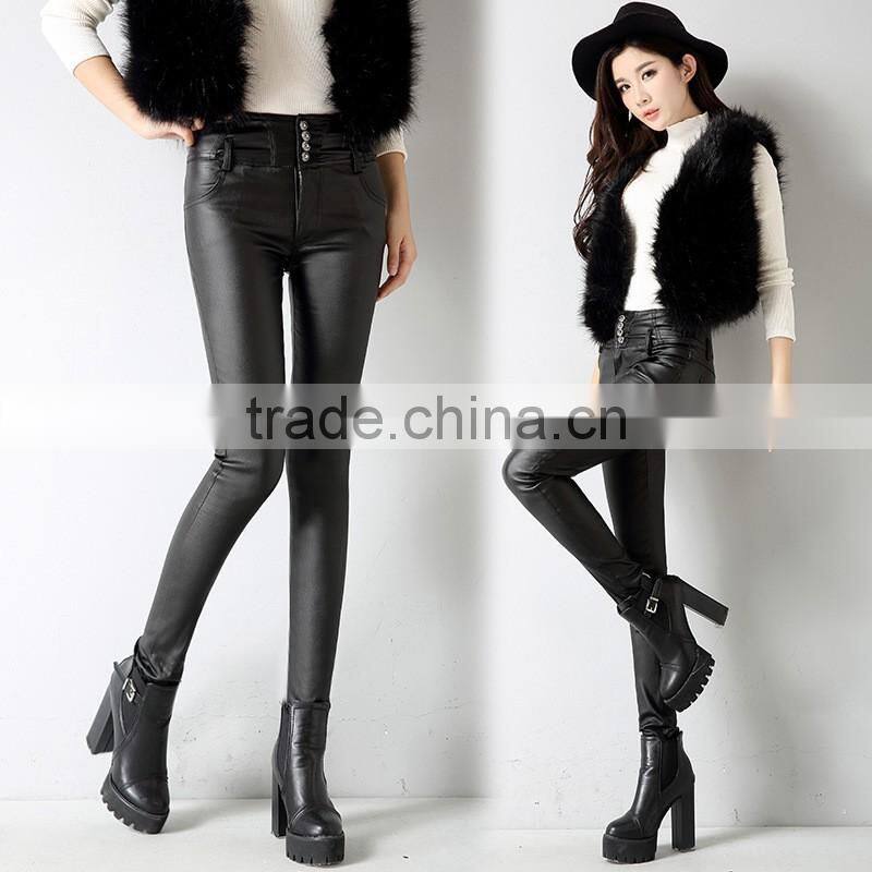 High waist faux leather fleece lined winter leggings black pu coated pants