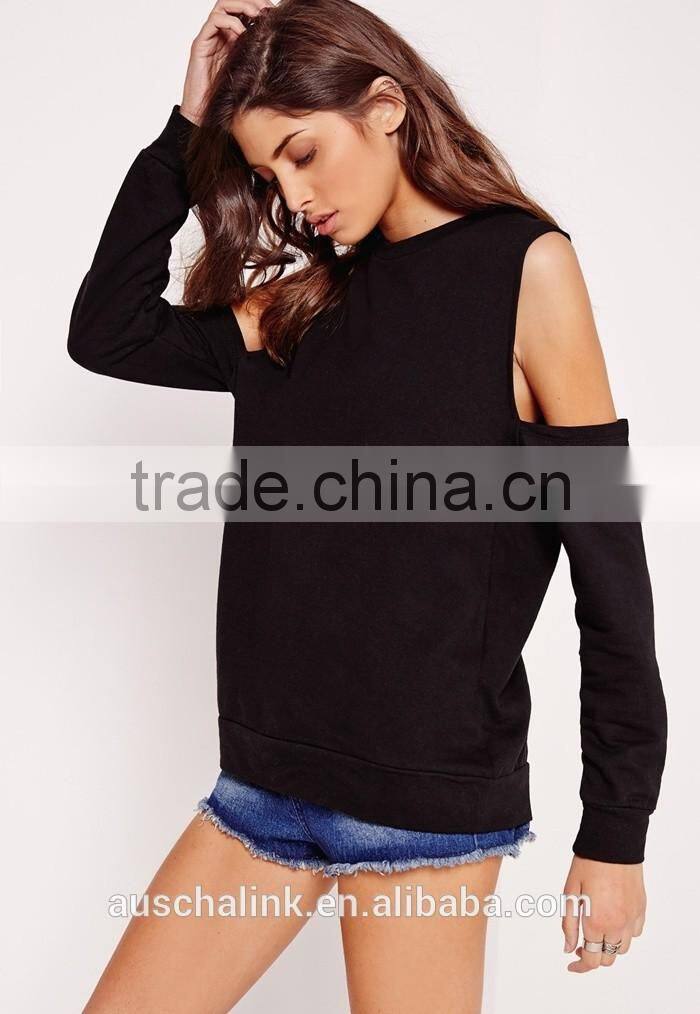 OEM service latest design lady black cold shoulder pretty sweatshirt