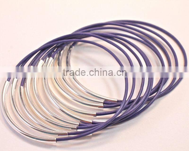 silver tube leather bracelet, 10pcs stacking leather bangle bracelet, new design thin leather bracelet