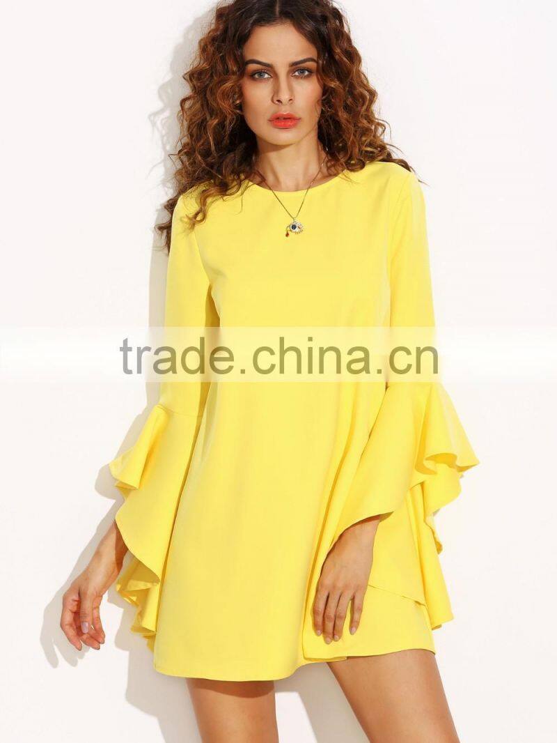 Yellow Crew Neck Ruffle Sleeve Shift Dress 100% Polyester Long Sleeve Casual Short Dress