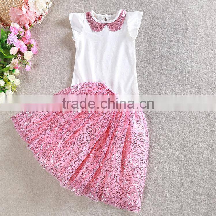 Valentines Day Gift Special Design Girls Cotton Sequins Skirt 2PCS Boutique Dresses