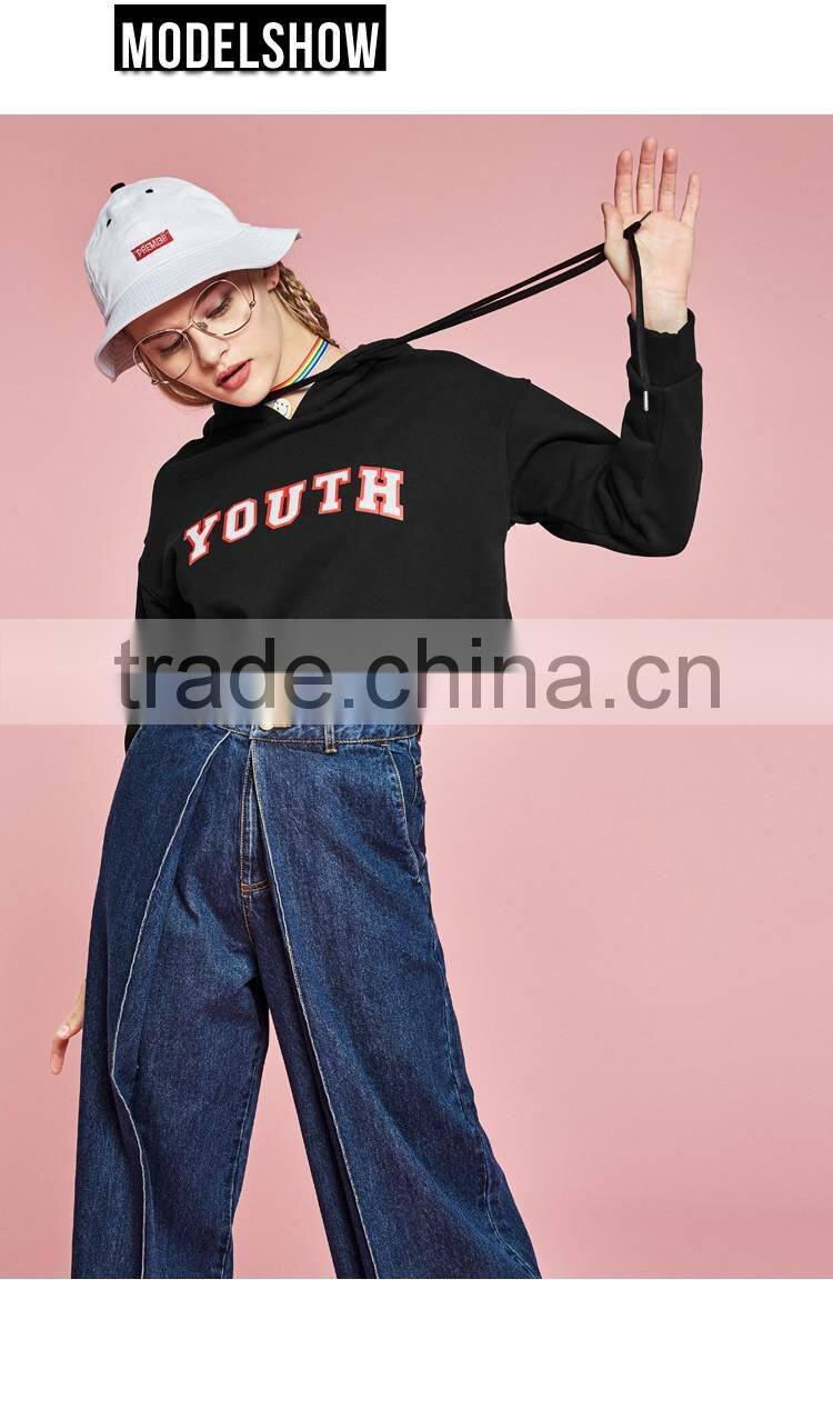 Women's patchwork your own design french terry black crop top hoodie