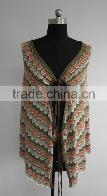 Fashion ladies stripe knitted 12gg poncho sweater