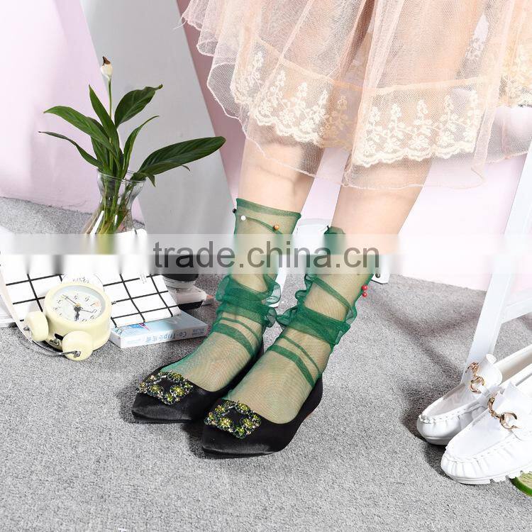 WS-9 Glitter Mesh Socks Sexy Pearl Women Socks Silk Female Transparent Meias Harajuku Funny Sox Elastic