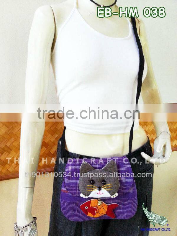 Thai Handmade shoulder bag Cotton Fabric Cat and Fish Design