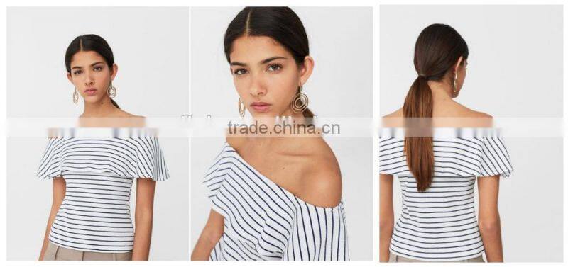 New arrivals fashion striped ruffled trim accordion pleated mature ladies blouse