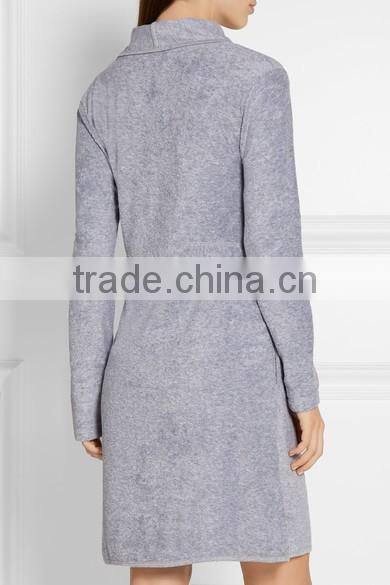 Gray Cotton Blend Terry Fabric Ladies Loungewear One Piece Home Wearing Warm Robe with Twill Belt
