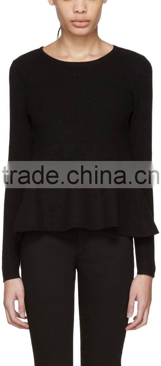High Quality Women Plain Black Long Sleeve Rib Knit Pullover with Peplum Hem