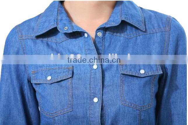 new slim fit long sleeves denim dress shirts for women with two pockets
