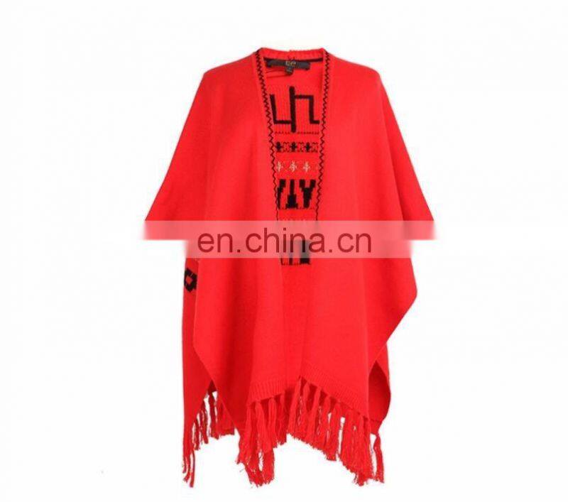 Red color New fashion computer knitted fringe poncho women