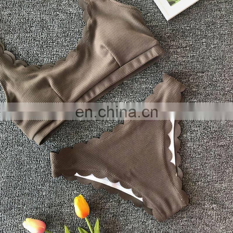 Sexy Brown Ruffle Bikini 2019 Swimsuit Women Push Up Swimwear Summer BeachWear Solid High Cut Bikini Ser Bath Suit