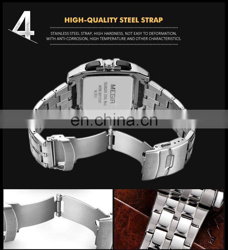Megir 2018 Men's Square Stainless Steel Calendar Quartz Sport Military Chronograph Wristwatch Relogio Masculino