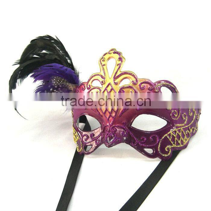 Plastic Pink Mask For Christmas With Black Feather
