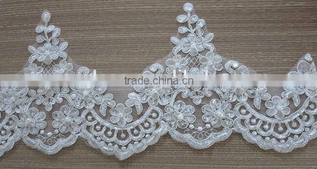 Embroidery ribbon and beaded corded bridal mesh lace