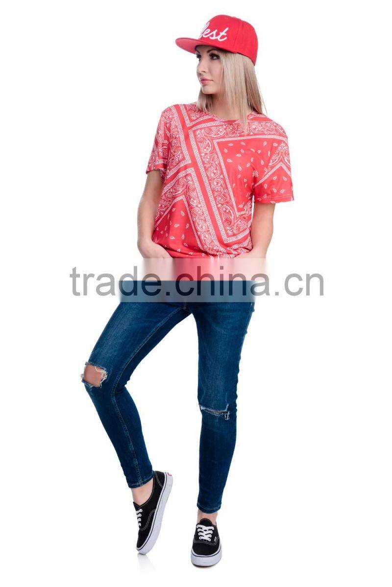 OEM Brand New 3D Print Bandana Red Latest Women Sublimation Printing T-shirt