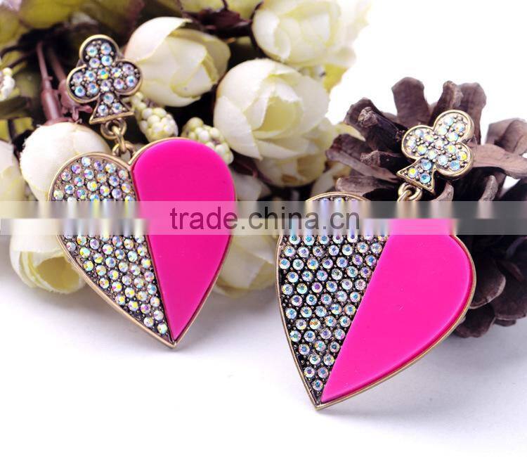 Exaggerated personality pave rhinestone crystal Lovely heart-shaped pendant earrings