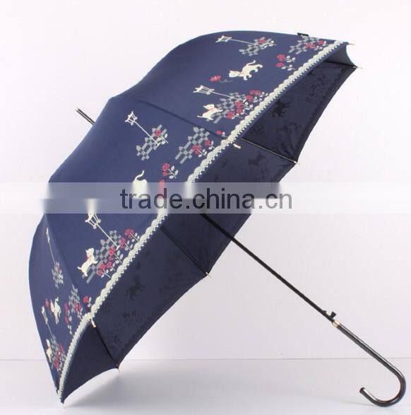 23 inch stick crook handle silk print lady umbrellas