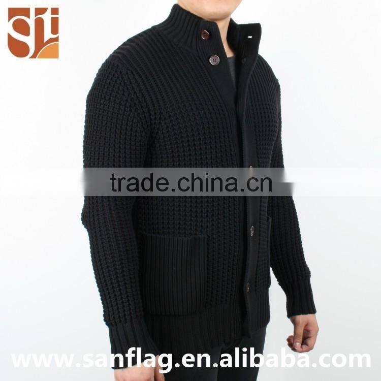 2016 Amercia winter men high neck cardigan coat with button & pocket heavy pattern black knit sweater made in china