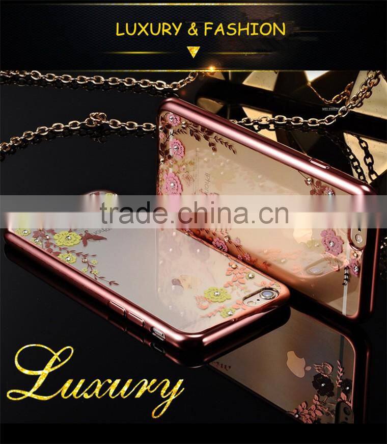 Hot Selling Luxury Garden Style Crystal Clear Soft TPU Diamante Eletroplated Case for Iphone 6