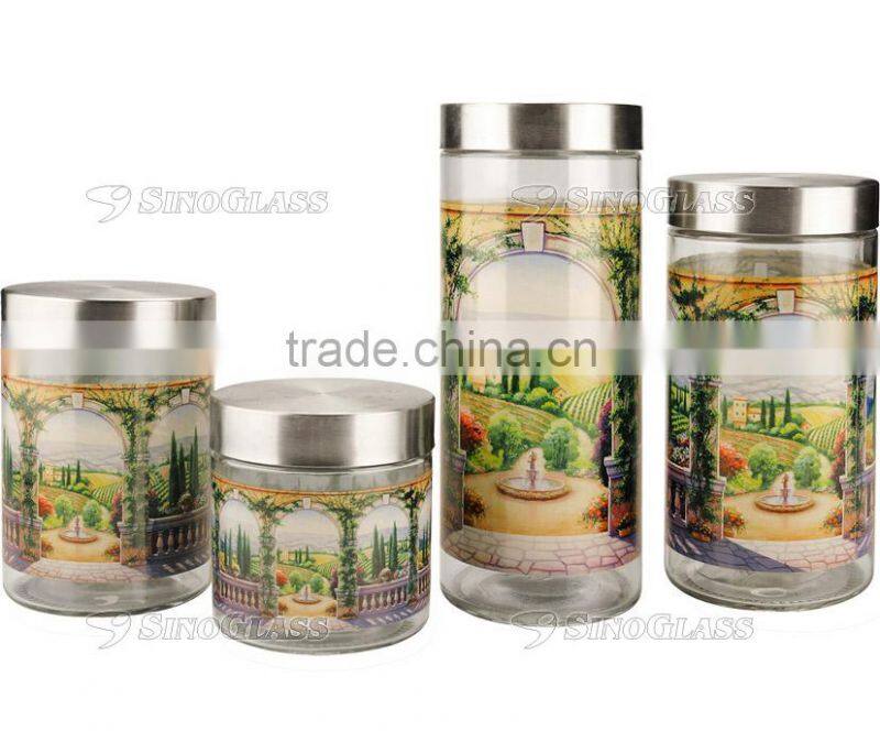 SINOGLASS 4 pcs glass storage canister jar set with TUSCAN VILLA decal